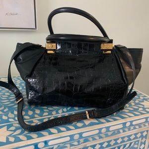 Lanvin Trilogy Croc-Embossed Black Satchel Bag